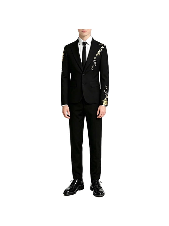 Boys Pant Suits 8-14 Years Long Sleeve Embroidered Blazer and Trousers Two Piece Performance