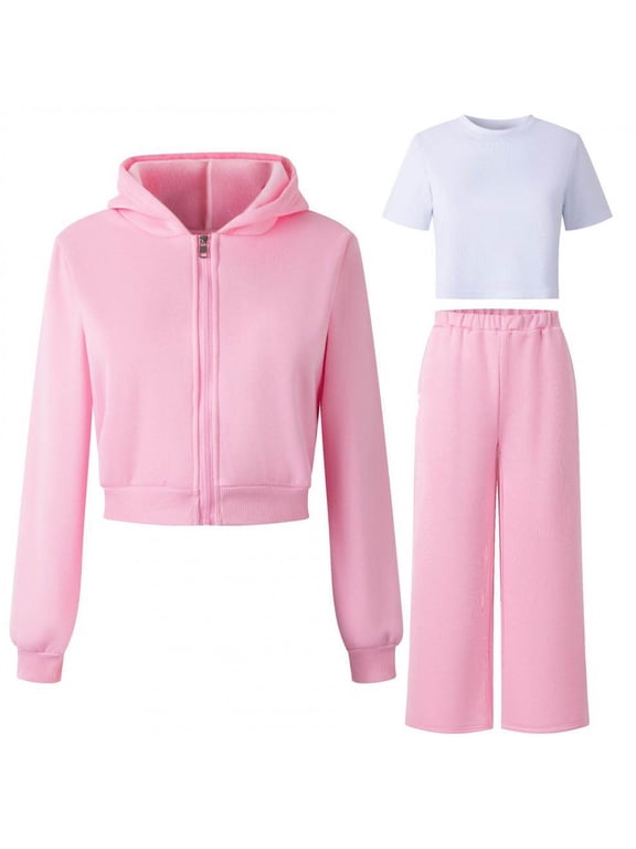 Boys Sweatsuit 7-13 Years Fashion Solid Color Two Piece Girls Fall Outfits Comfy Casual Fleece Zip Up Hoodies and Pants Girls' Clothing Sets 9-10 Years