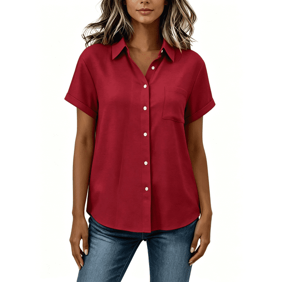 Busydd Button Down Shirts for Women Solid Color Short Sleeve Cotton Linen Shirts Collared Dressy Casual Blouse with Chest Pocket M