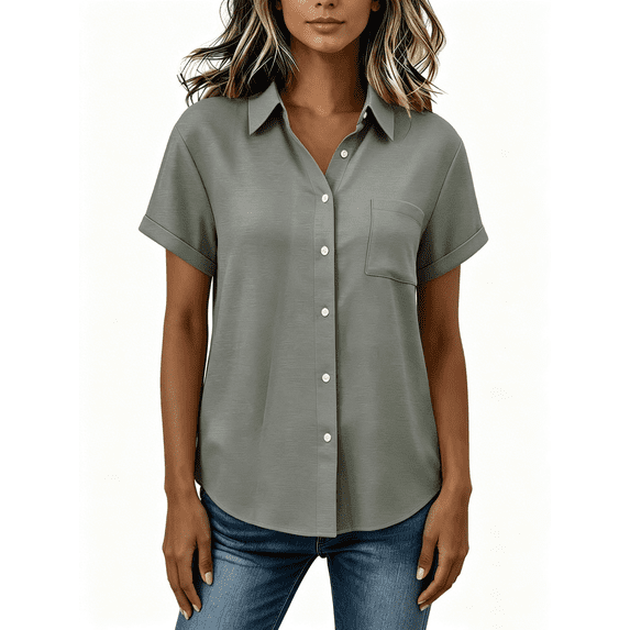 Busydd Button Down Shirts for Women Solid Color Short Sleeve Cotton Linen Shirts Collared Dressy Casual Blouse with Chest Pocket S