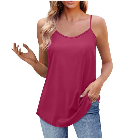 Busydd Camisole Tops for Women Fashion Round Neck Spaghetti Straps Summer Tops Casual Versatile Solid Color Sleeveless Tank Top for Women (#02 Hot Pink,S)