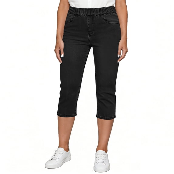 Busydd Capri Jeans for Women Casual Solid Color Elastic Waistband Denim Capris with Pockets XL