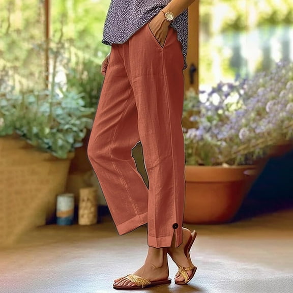 Busydd Capri Pants for Women Trendy Casual Solid Color Cotton Linen Pants Elastic Waist Straight Leg Pants Comfy Loose Versatile Pants with Pockets Orange 2XL