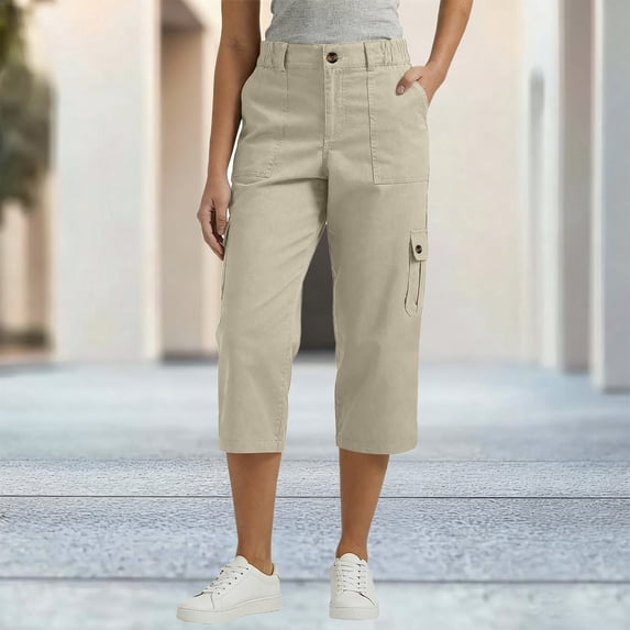 Busydd Capri Pants for Women with Pockets Solid Color Calf-Length Cargo Pants Outdoor Hiking Casual Button Zipper Women's Capri Pants L
