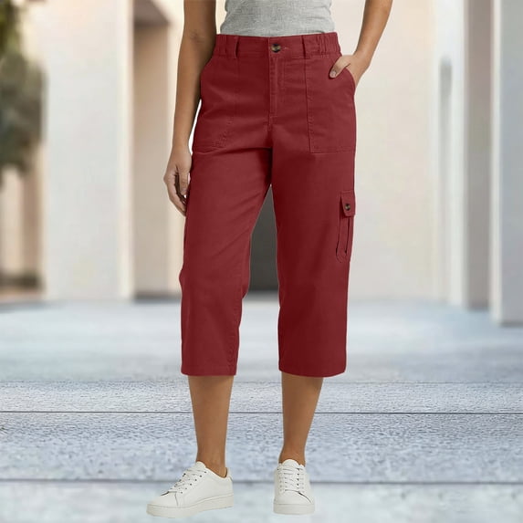 Busydd Capri Pants for Women with Pockets Solid Color Calf-Length Cargo Pants Outdoor Hiking Casual Button Zipper Women's Capri Pants L