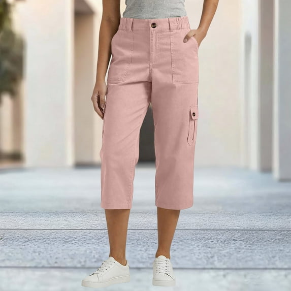 Busydd Capri Pants for Women with Pockets Solid Color Calf-Length Cargo Pants Outdoor Hiking Casual Button Zipper Women's Capri Pants XL