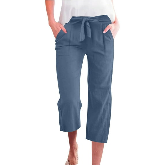Busydd Capris Pants for Women Straight Leg Linen Pants Elastic Waist Drawstring Dress Pants Solid Color Casual Pants for Women with Pockets
