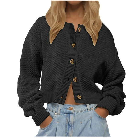 Busydd Cardigan Sweaters for Women Lightweight Crewneck Solid Color Knit Cardigan Jackets Trendy Button Fall Cardigans for Women Casual Long Sleeve Cable Cropped Cardigan Sweater Blouse Tops