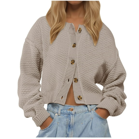 Busydd Cardigan Sweaters for Women Lightweight Crewneck Solid Color Knit Cardigan Jackets Trendy Button Fall Cardigans for Women Casual Long Sleeve Cable Cropped Cardigan Sweater Blouse Tops
