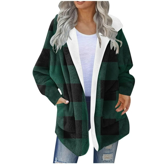 Busydd Cardigans for Women Fashion Plaid Hooded Women Cardigan Casual Warm Long Sleeve Women Flannel Shirt with Pockets S