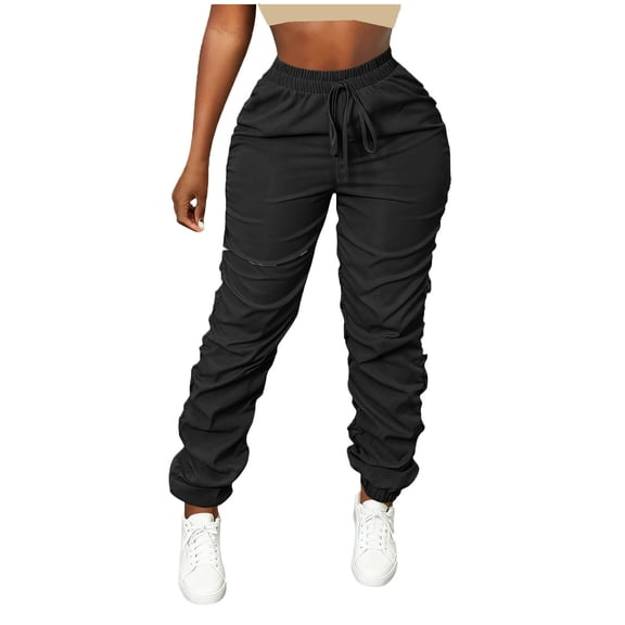 Busydd Cargo Pants Women Fashion Pleated Solid Color Hiking Pants Women Casual Outdoor Elastic Waist Drawstring Women's Pants with Pockets M