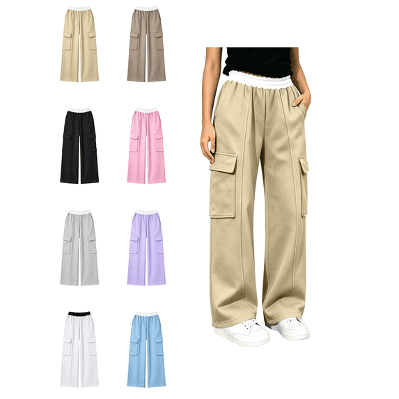 Busydd Cargo Pants for Girls 5-15 Years Trendy Colorblock Elastic Waist Teen Girl Sweatpants Casual Comfy Loose Lounge Pants with Pockets 9-10 Years