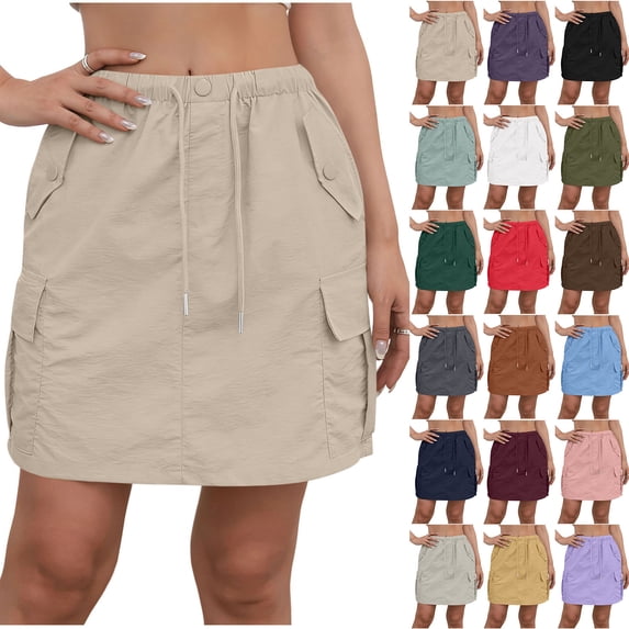 Busydd Cargo Skirts for Women With Pockets Comfort Elastic Drawstring Waist Womens Skirts Lightweight Quick-Dry Straight-Cut Mini Skirts Trendy Versatile Solid Color Summer Skirts XL
