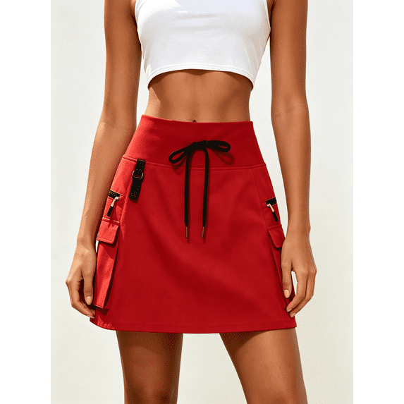 Busydd Cargo Skirts for Women with Pockets Fashion Solid Color Zipper Mini Skirt Casual Outdoor High Waisted Drawstring Sport Skirt XS