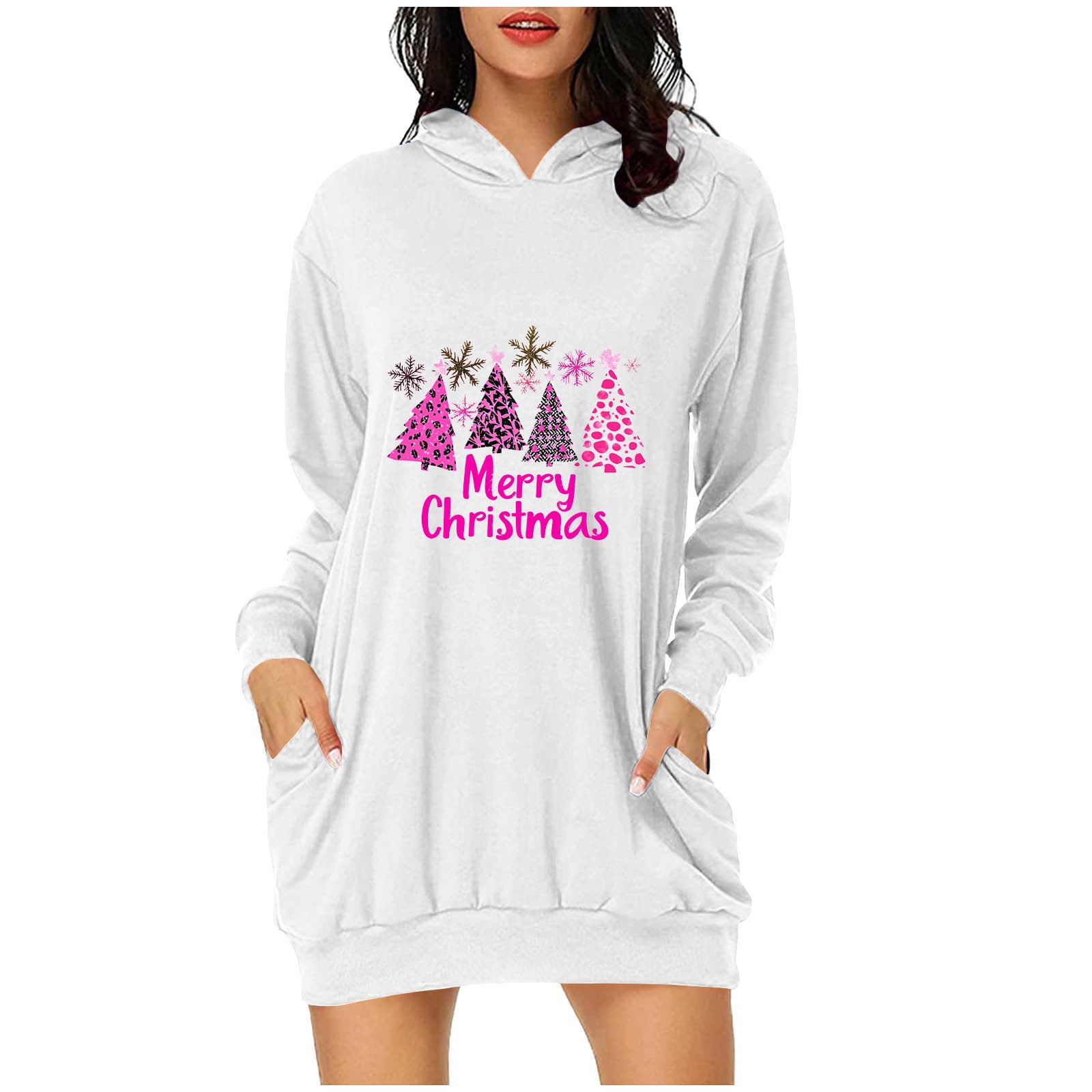 Busydd Christmas Dresses for Women Xmas Tree Print Hooded Sweatshirt
