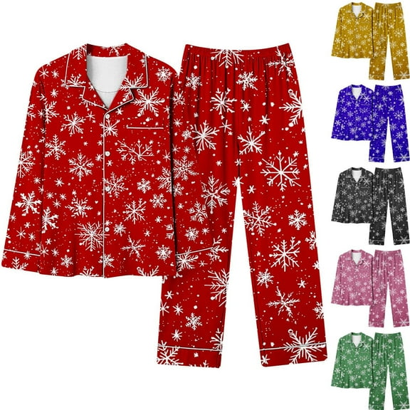 Busydd Christmas Pajamas 2 Piece Trendy Casual Print Pj Sets for Woman Long Sleeve Lapel Button Tops and Pants Christmas Pajama Sets 2XL