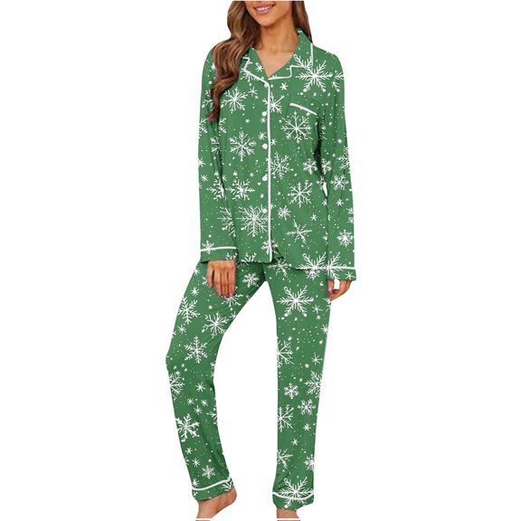 Busydd Christmas Pajamas 2 Piece Trendy Casual Print Pj Sets for Woman Long Sleeve Lapel Button Tops and Pants Christmas Pajama Sets M