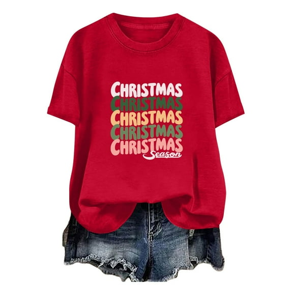 Busydd Christmas Shirts for Women Trendy Holiday Graphic Round Neck Womens Tops Comfortable Casual Cotton Short Sleeve Womens T Shirts 3XL