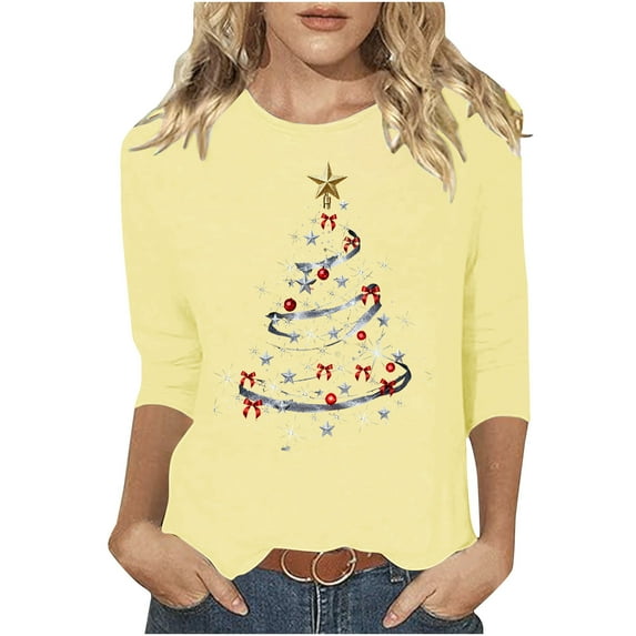Busydd Christmas Shirts for Women Trendy Xmas Holiday Graphic Tshirts Shirts for Women Casual 3/4 Length Sleeve Round Neck Womens Christmas Tops 2XL