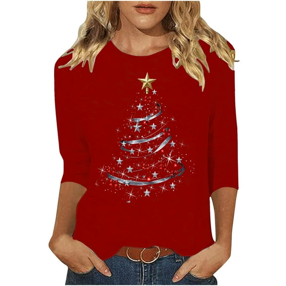 Busydd Christmas Shirts for Women Trendy Xmas Holiday Graphic Tshirts Shirts for Women Casual 3/4 Length Sleeve Round Neck Womens Christmas Tops 3XL
