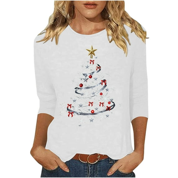 Busydd Christmas Shirts for Women Trendy Xmas Holiday Graphic Tshirts Shirts for Women Casual 3/4 Length Sleeve Round Neck Womens Christmas Tops M