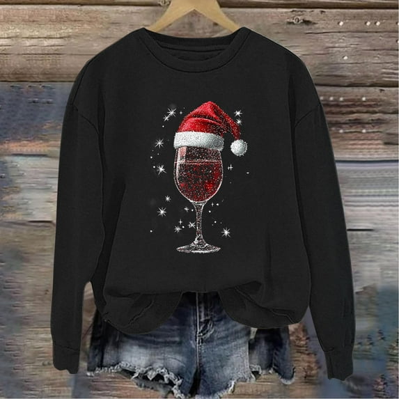 Busydd Christmas Sweatshirts for Women Trendy Wine Glass Pullover Sweatshirt Casual Loose Long Sleeve Christmas Vacation Sweatshirt Fall Comfy Crewneck Sweatshirt S