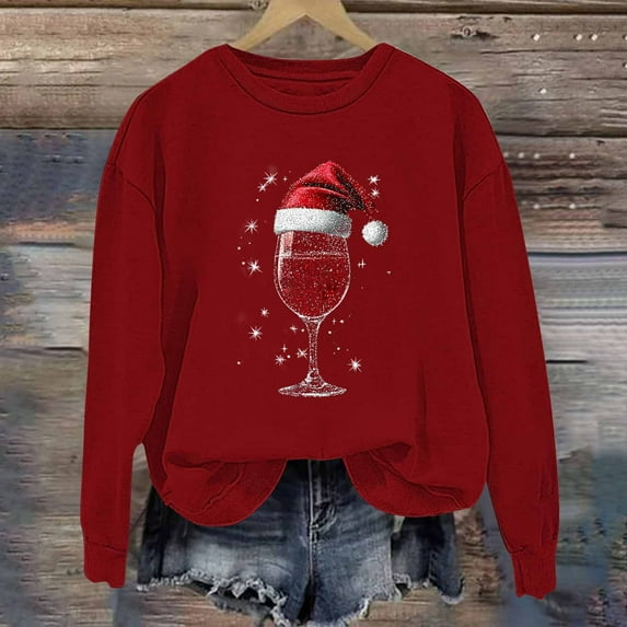 Busydd Christmas Sweatshirts for Women Trendy Wine Glass Pullover Sweatshirt Casual Loose Long Sleeve Christmas Vacation Sweatshirt Fall Comfy Crewneck Sweatshirt 2XL