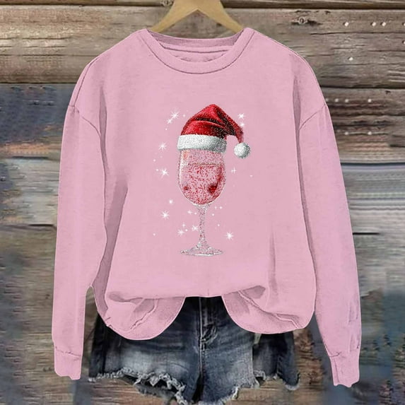 Busydd Christmas Sweatshirts for Women Trendy Wine Glass Pullover Sweatshirt Casual Loose Long Sleeve Christmas Vacation Sweatshirt Fall Comfy Crewneck Sweatshirt 2XL