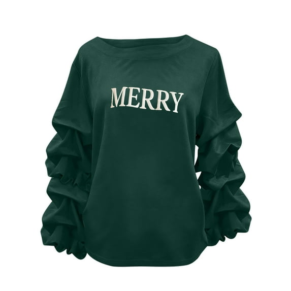 Busydd Christmas Sweatshirts for Women Trendy Merry Christmas Crewneck Sweatshirts Women Casual Loose Pleated Long Sleeve Tops for Women L
