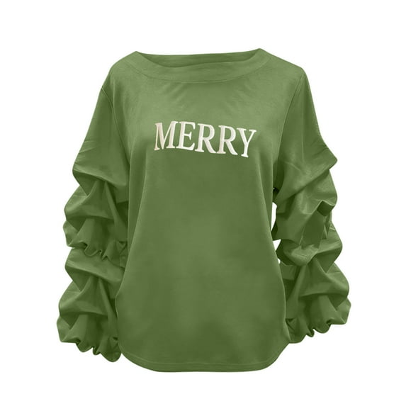 Busydd Christmas Sweatshirts for Women Trendy Merry Christmas Crewneck Sweatshirts Women Casual Loose Pleated Long Sleeve Tops for Women L