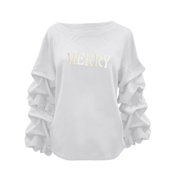 Busydd Christmas Sweatshirts for Women Trendy Merry Christmas Crewneck Sweatshirts Women Casual Loose Pleated Long Sleeve Tops for Women XL