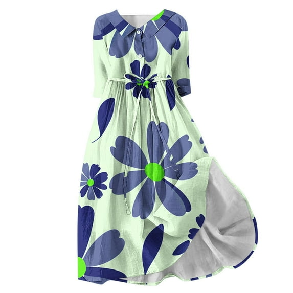 Busydd Cocktail Dresses Stylish Bohemian Floral Maxi Dress Lapel Button Tunic Holiday Dresses Casual Flowy Short Sleeve V Neck Cocktail Dress Plus Size Wedding Guest Dresses S-4XL