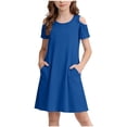 thumbnail image 1 of Busydd Dresses for Teens 5-15 Years Casual Summer Solid Color off Shoulder T Shirt Dress Trendy Round Neck Short Sleeve Girl Dresses with Pockets 5-6 Years, 1 of 7