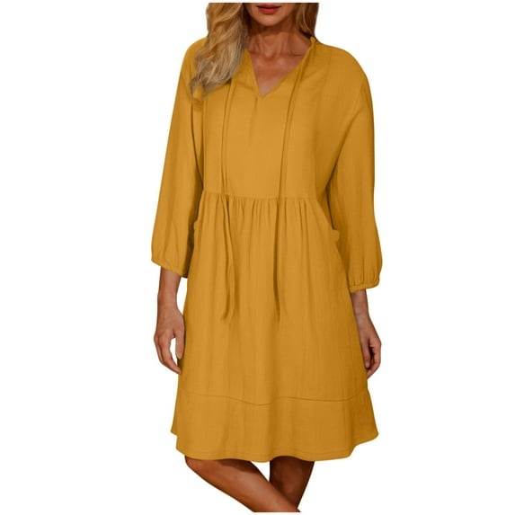 Busydd Dresses for Women Casual 3/4 Length Sleeve Sundresses for Women V Neck Drawstring Summer Dress Fashion Solid Color Pleated Knee Length Dress with Pockets Yellow S