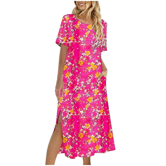 Busydd Dresses for Women Fashion Hawaiian Floral Print Summer Dress Round Neck Short Sleeve Sundresses for Women Casual Loose Flowy Slit Midi Dresses for Women with Pockets 2XL