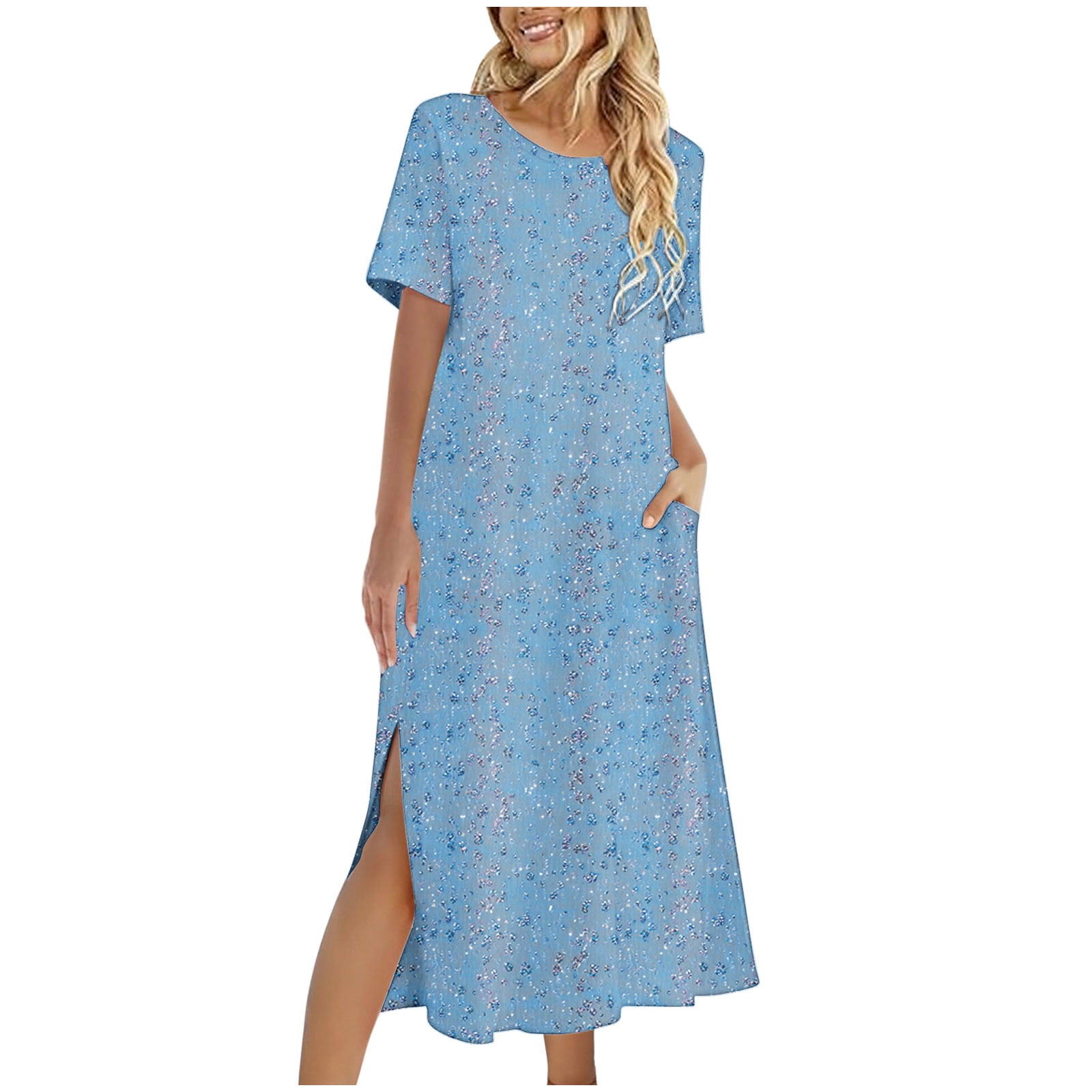 Dresses for Women Fashion Hawaiian Floral Print Summer Dress Round Neck Short Sleeve Sundresses for Women Casual Loose Flowy Slit Midi Dresses for Women with Pockets XL
