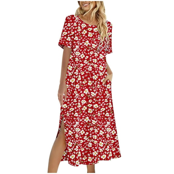 Busydd Dresses for Women Fashion Hawaiian Floral Print Summer Dress Round Neck Short Sleeve Sundresses for Women Casual Loose Flowy Slit Midi Dresses for Women with Pockets 2XL