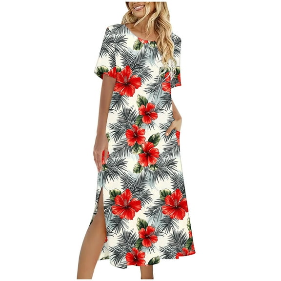 Busydd Dresses for Women Fashion Hawaiian Floral Print Summer Dress Round Neck Short Sleeve Sundresses for Women Casual Loose Flowy Slit Midi Dresses for Women with Pockets M