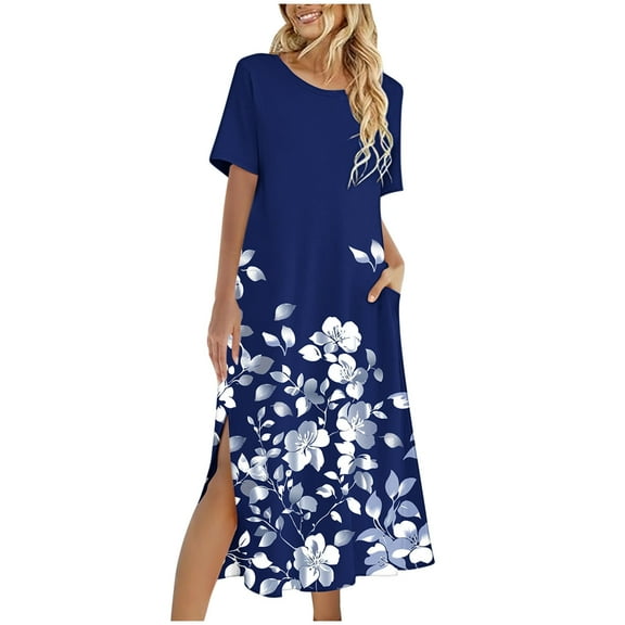 Busydd Dresses for Women Fashion Hawaiian Floral Print Summer Dress Round Neck Short Sleeve Sundresses for Women Casual Loose Flowy Slit Midi Dresses for Women with Pockets L