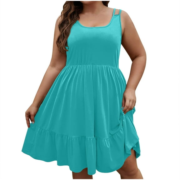 Busydd Dresses for Women Plus Size XL-5XL Trendy Solid Color Summer Dress Casual Sleeveless Square Neck Sundresses for Women Oversized Loose Flowy Tiered Mini Dress Sky Blue 5XL