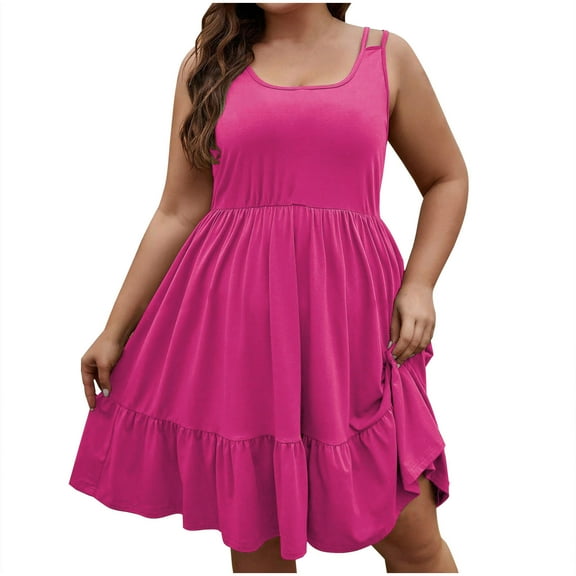 Busydd Dresses for Women Plus Size XL-5XL Trendy Solid Color Summer Dress Casual Sleeveless Square Neck Sundresses for Women Oversized Loose Flowy Tiered Mini Dress Hot Pink XL