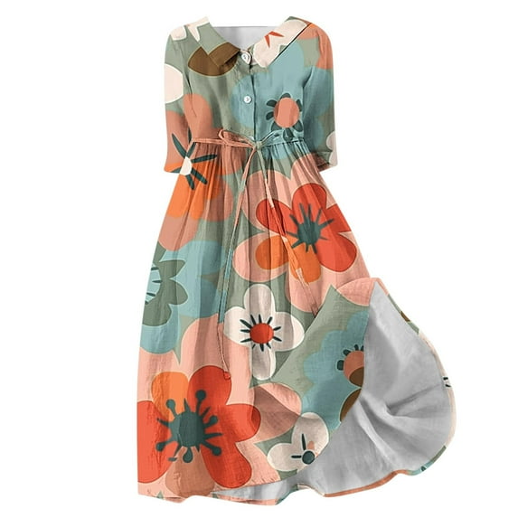 Busydd Dresses for Women Trendy Boho Floral Print Maxi Dress Casual Flowy Short Sleeve V Neck Homecoming Dress Lapel Button Tunic Drawstring Wedding Guest Dresses Plus Size Cocktail Dress S-4XL