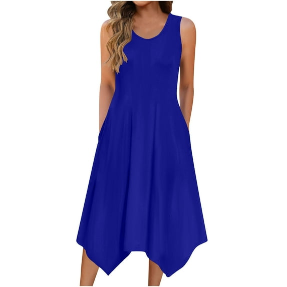 Busydd Dresses for Women Trendy Solid Color Summer Dress Round Neck Sleeveless Midi Dresses for Women Flowy Pleated Casual Sundresses for Women with Pockets Blue M