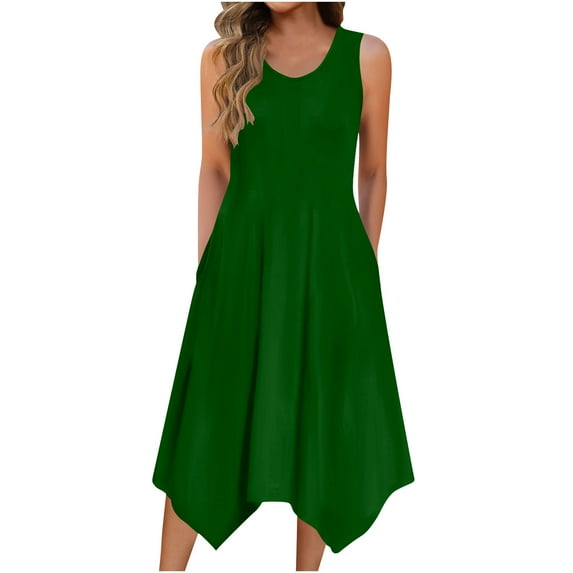 Busydd Dresses for Women Trendy Solid Color Summer Dress Round Neck Sleeveless Midi Dresses for Women Flowy Pleated Casual Sundresses for Women with Pockets Green S