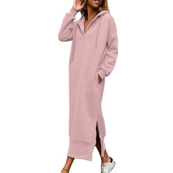 Busydd Dresses for Women Casual Comfy Solid Color Slit Maxi Dress Fashion Hooded Long Sleeve Dress for Women with Drawstring and Pockets 2XL