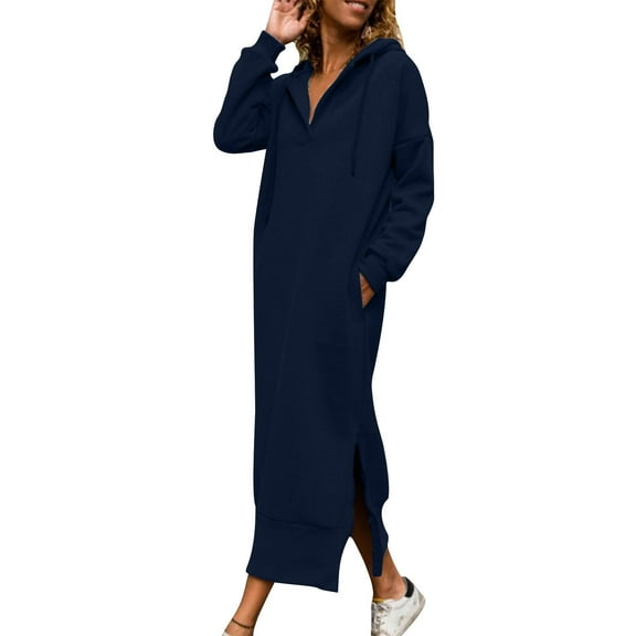 Busydd Dresses for Women Casual Comfy Solid Color Slit Maxi Dress Fashion Hooded Long Sleeve Dress for Women with Drawstring and Pockets S
