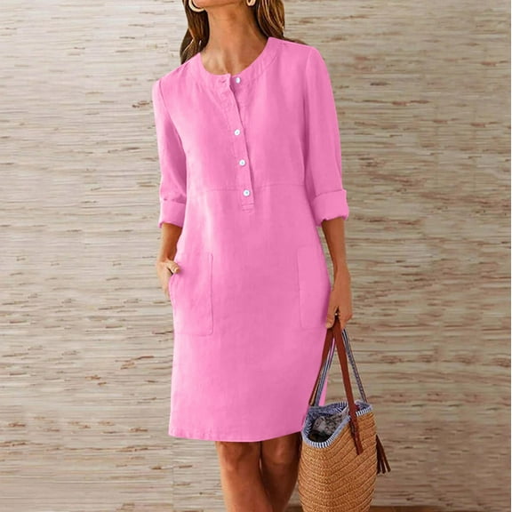 Busydd Dresses for Women M-3XL Trendy Round Neck Button Summer Dress Solid Color Long Sleeve Spring Dresses Casual Comfy Mini Dress with Pockets