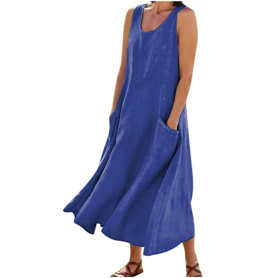 Busydd Dresses for Women S-3XL Casual Round Neck Linen Maxi Dress Solid Color Sleeveless Sundress Vacation Loose Flowy Summer Dress with Pockets