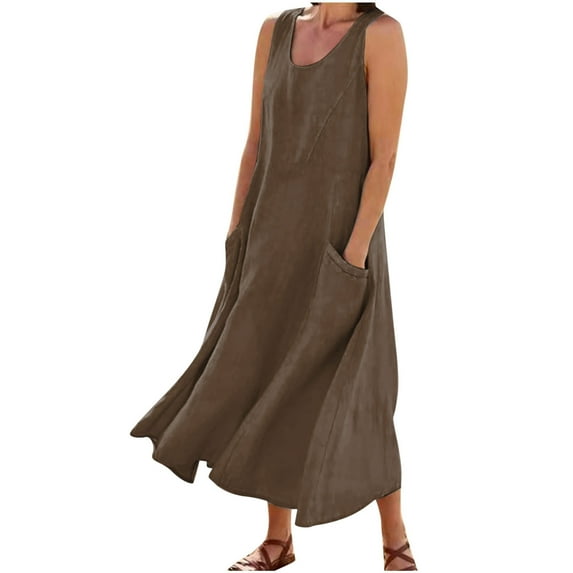 Busydd Dresses for Women S-3XL Casual Round Neck Linen Maxi Dress Solid Color Sleeveless Sundress Vacation Loose Flowy Summer Dress with Pockets