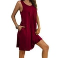 thumbnail image 1 of Busydd Dresses for Women Solid Color Pleated Mini Dress Trendy Round Neck Summer Dresses Sleeveless Sun Dress with Pockets, 1 of 7